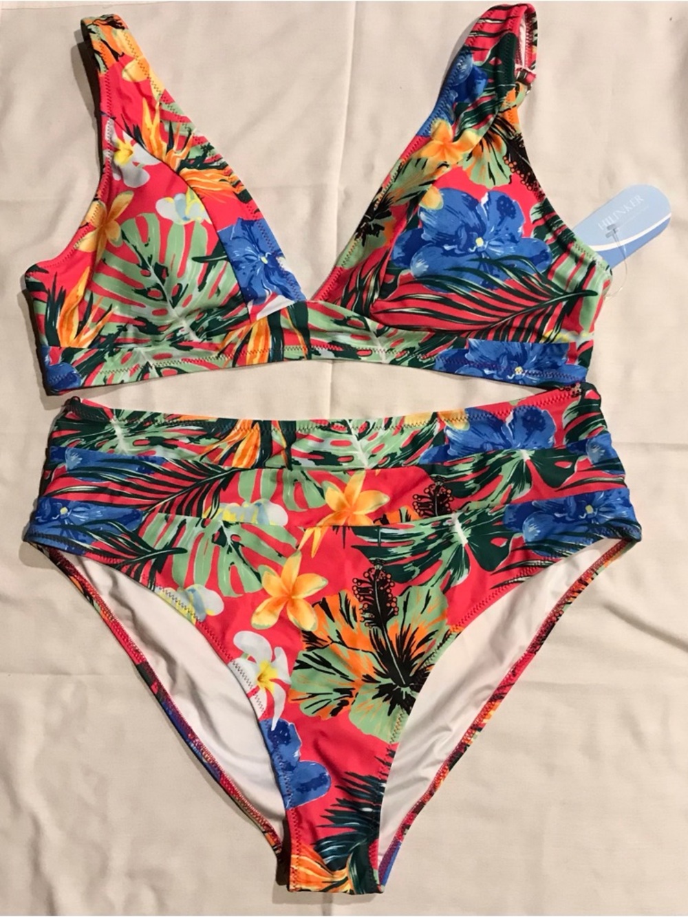High-Waist Tropical Floral Bikini Set - Coral Multi